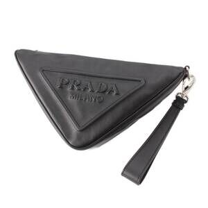 Prada Triangle Logo Leather Clutch Bag Pouch Black